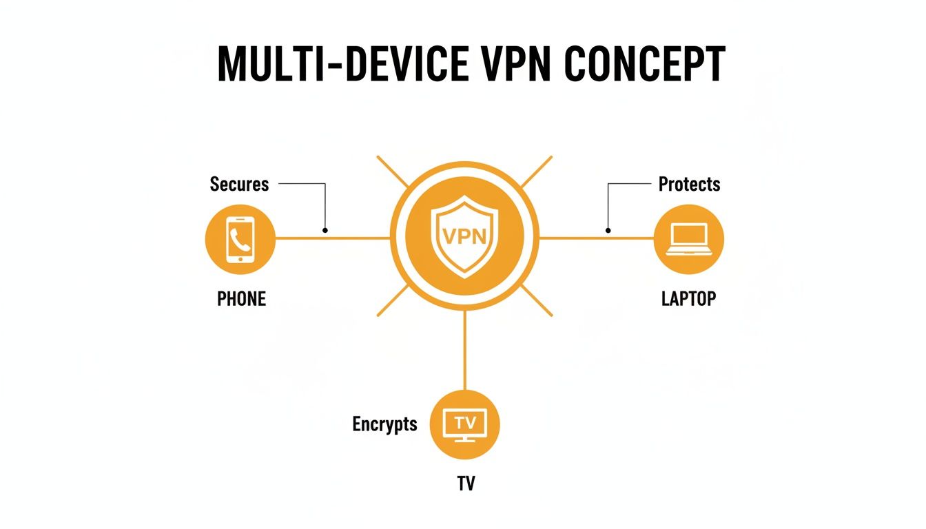 Diagram of a multi-device VPN concept showing protection for phone, laptop, and TV.