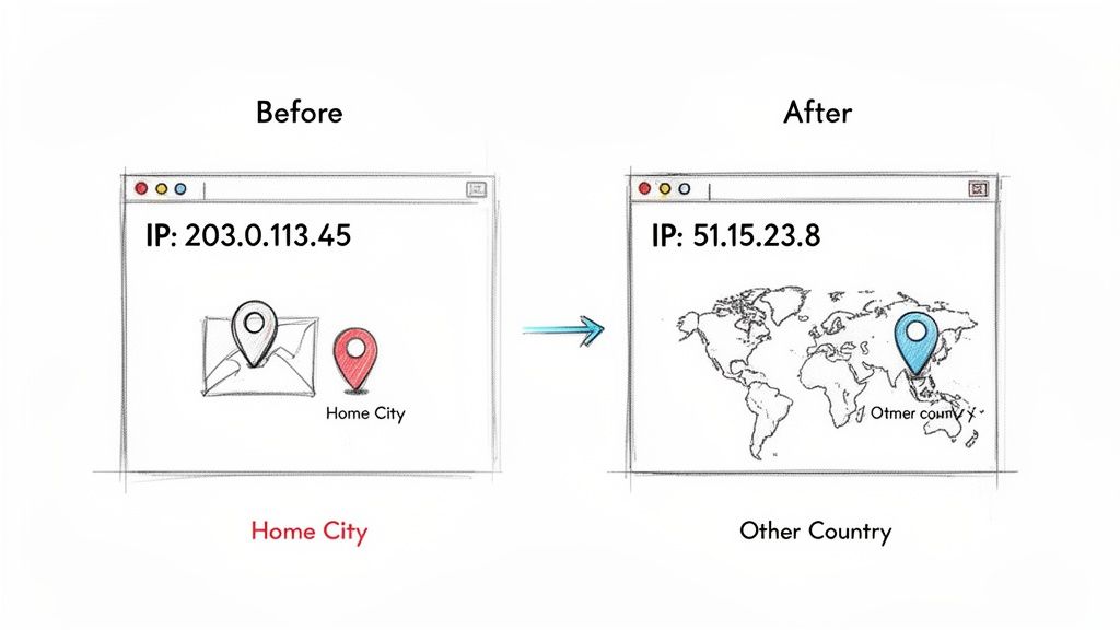 Visual comparison showing an IP address and location changing from a home city to another country.