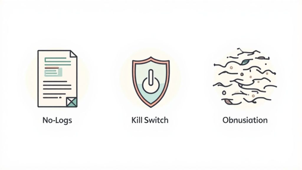 Three icons representing privacy and security features: No-Logs policy, Kill Switch, and Obfuscation.