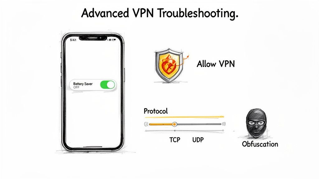 An illustration showing advanced VPN troubleshooting options including battery saver, allowing VPN, protocol (TCP/UDP), and obfuscation.