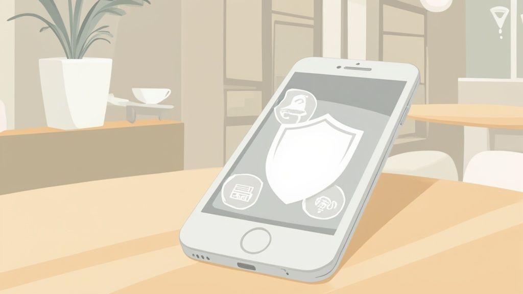 شخص يؤمّن جهاز iPhone بأيقونة قفل رقمي، رمزاً لحماية VPN.