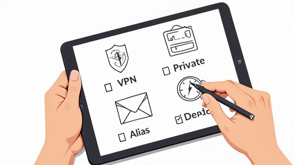 Hands hold a tablet displaying a digital privacy checklist with various options, one of which is checked.