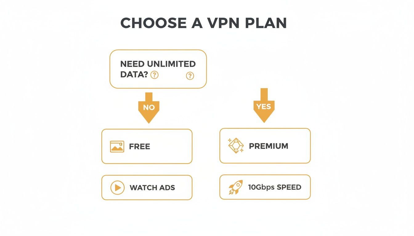 A flowchart guiding users to choose a VPN plan based on data needs, offering free or premium options.