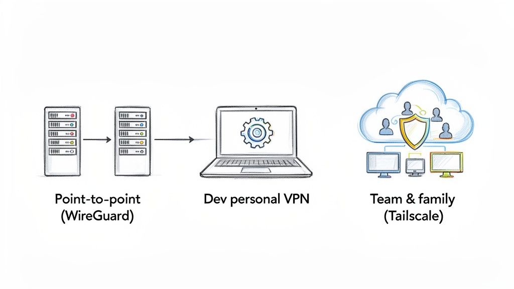 Diagram illustrating three VPN setups: Point-to-point WireGuard, Dev personal VPN, and Team & family Tailscale.
