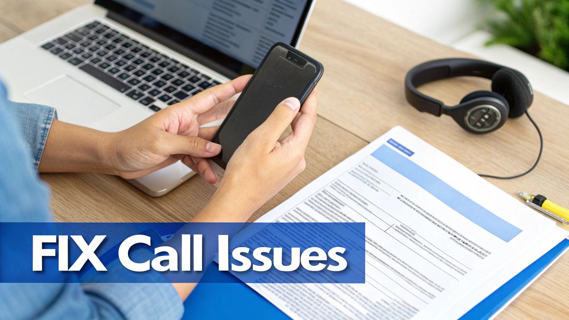 A person holding a smartphone at a desk with a laptop, headphones, and documents.