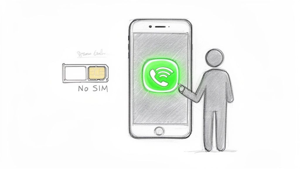 『No SIM』と表示されたSIMトレイの横で、発信アイコンをタップするスマートフォンの写真