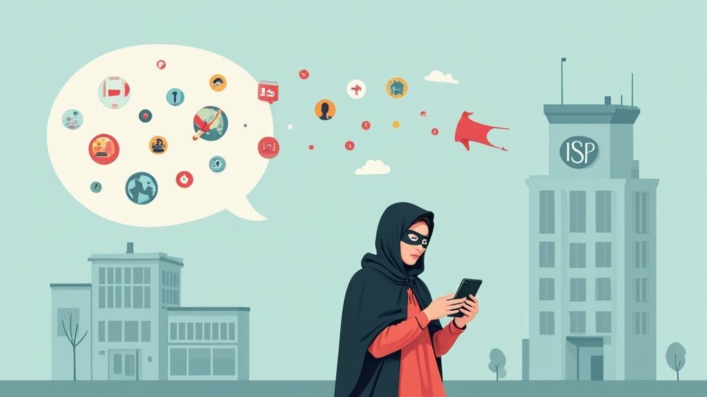 Person using smartphone with VPN connection and ISP building illustrating internet privacy and DNS security