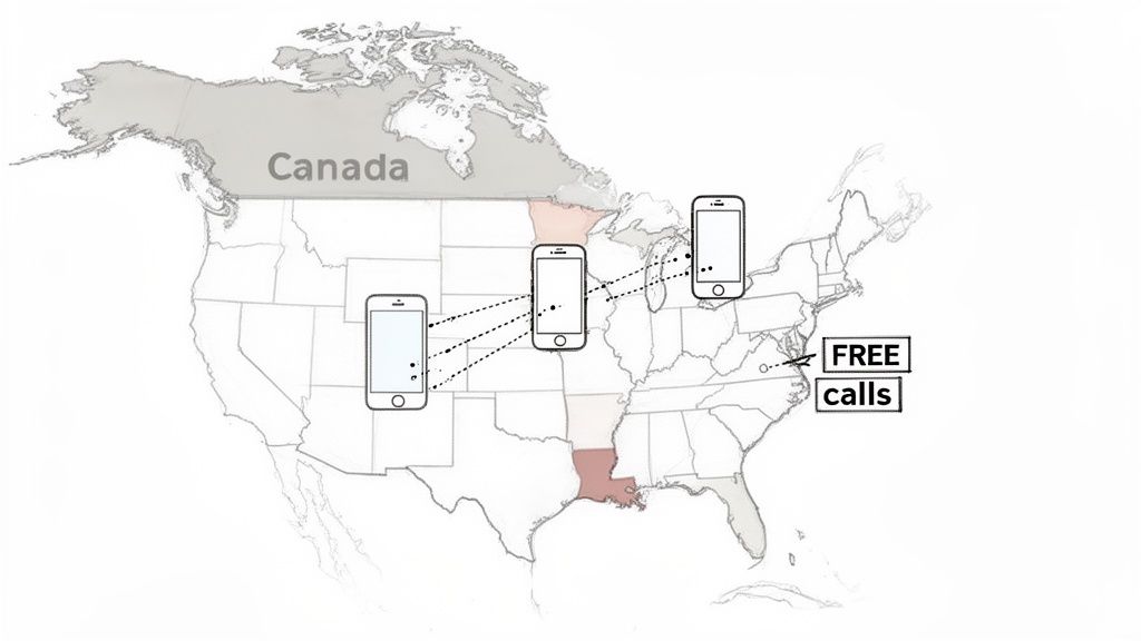 Map illustrating smartphone calls across the USA, highlighting free calls in the northeastern region.