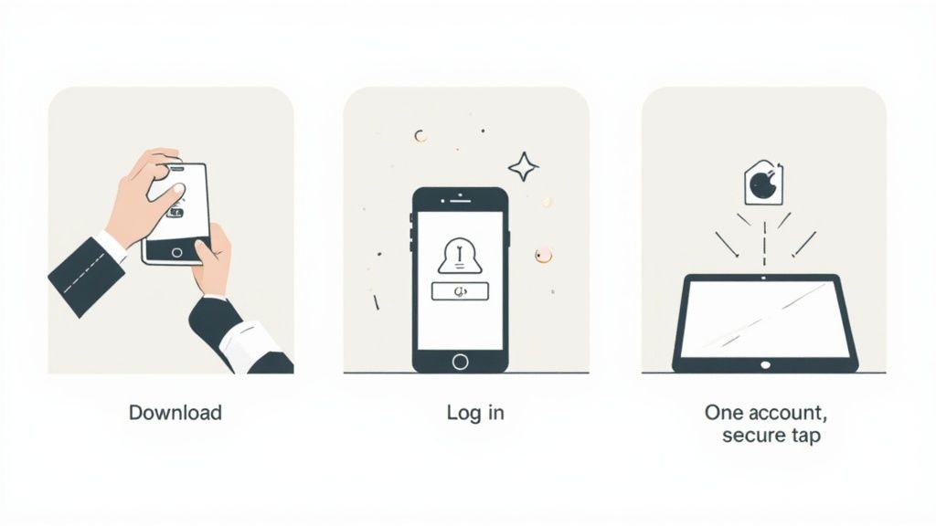 Visual guide showing app download, phone login, and secure multi-device access across a tablet.