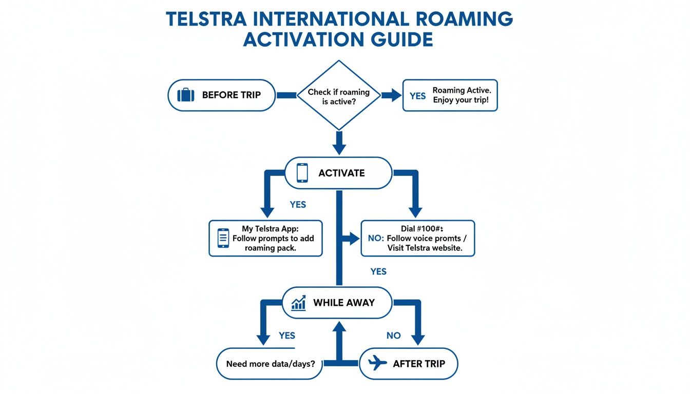 Flowchart outlining the Telstra International Roaming Activation Guide with steps before, while, and after a trip.