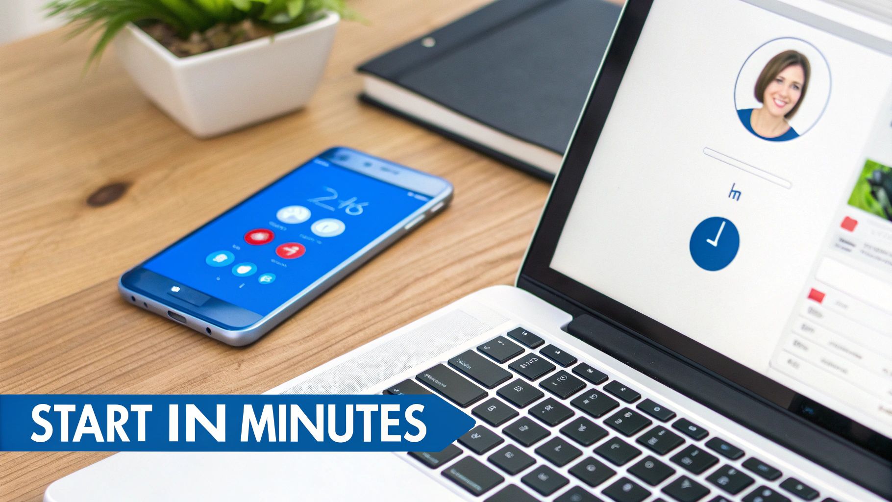 A modern digital workspace with a laptop, smartphone, and a plant, displaying 'START IN MINUTES'.