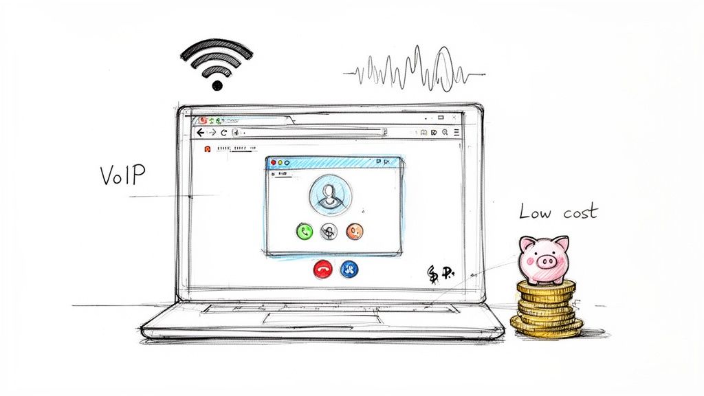 ノートパソコンでのVoIPビデオ通話、Wi-Fi、音波、そして節約を示す貯金箱のスケッチ。