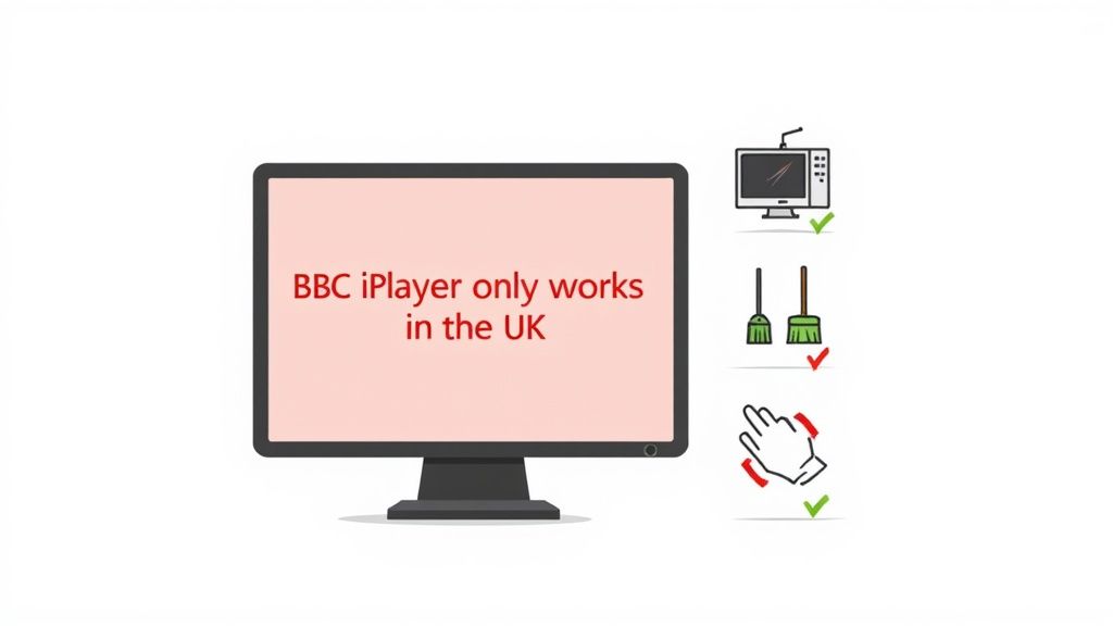 شاشة تبين رسالة 'BBC iPlayer only works in the UK' مع أيقونات تمثل القيود الجغرافية وحل VPN.