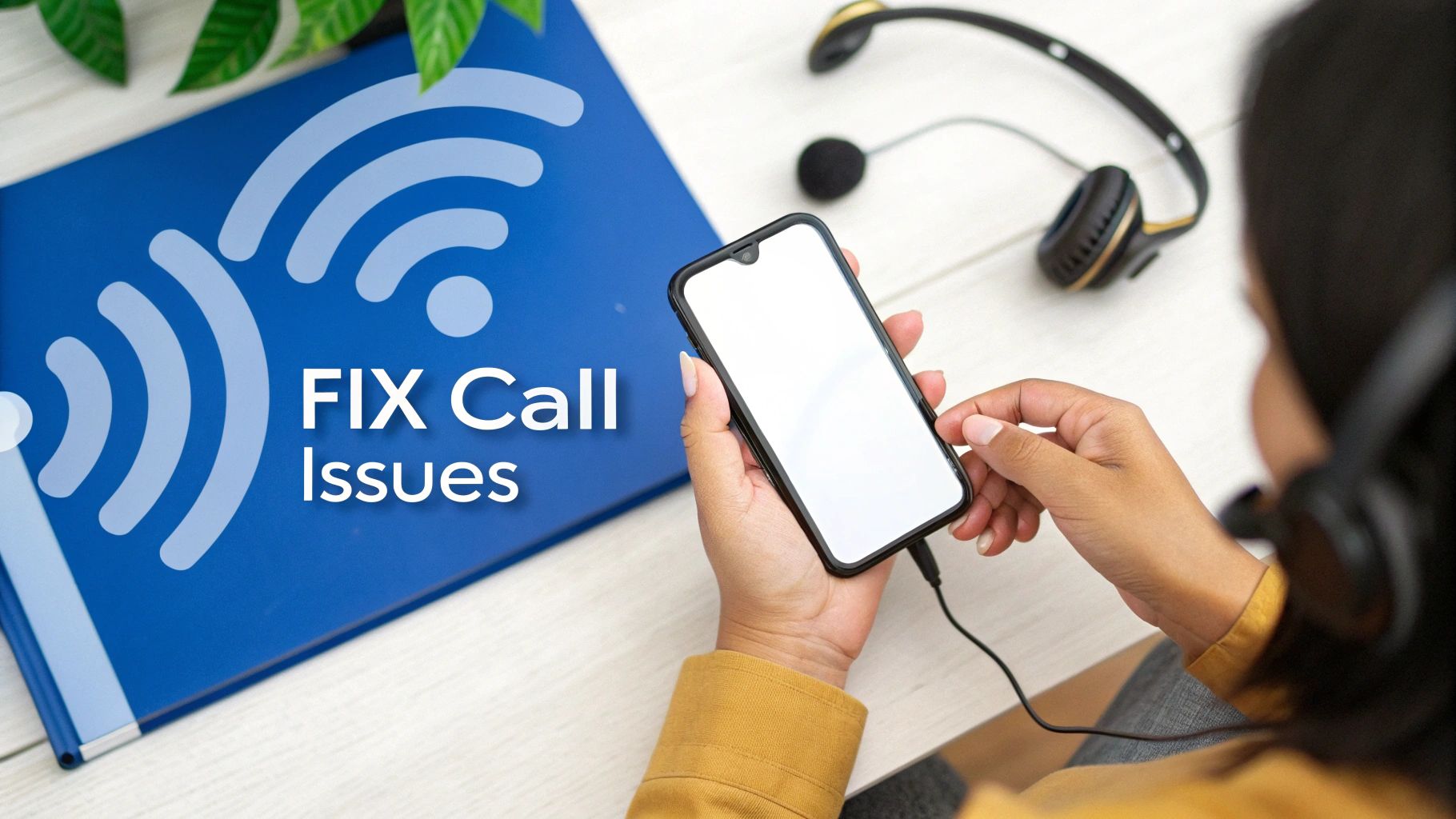 ヘッドホンをつけスマートフォンを手に持つ人。テーブルには「FIX Call Issues」のフォルダと緑の葉がある。