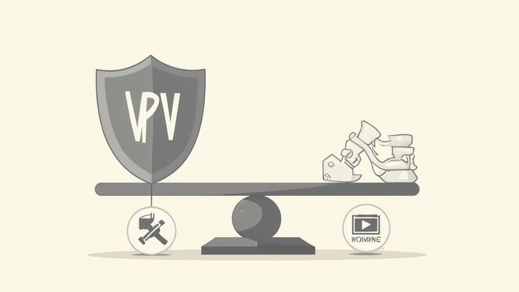 Eine Person sitzt an einem Schreibtisch vor einem Laptop mit einem Schloss-Symbol, das Online-Sicherheit und rechtliche Risiken darstellt.