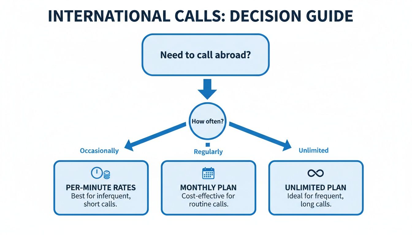 A decision guide flowchart for international calls, recommending plans based on how often you call abroad.
