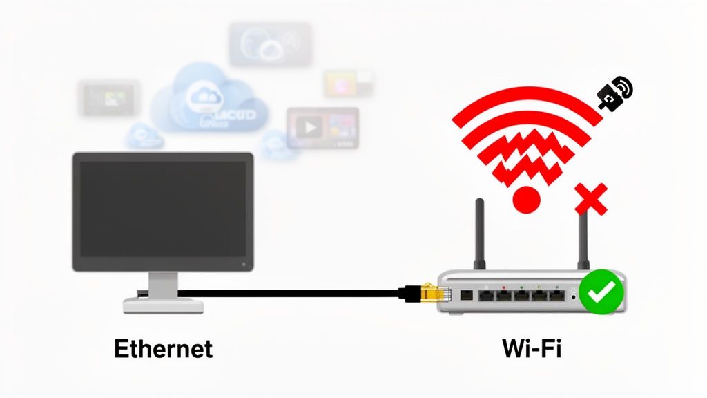 A monitor connected via Ethernet cable to a router, illustrating a working wired connection vs broken Wi-Fi.