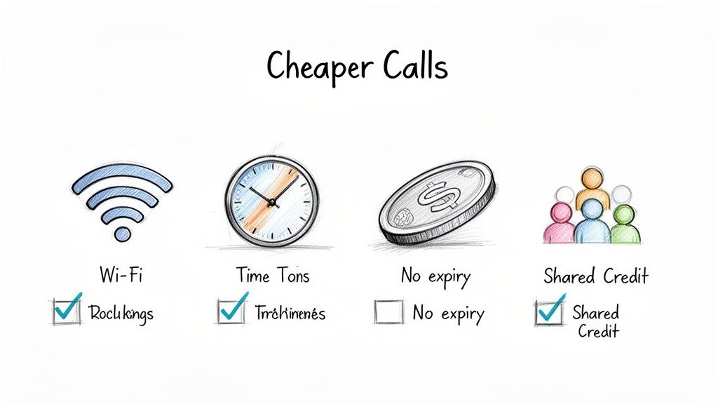 安価な通話の4つの利点：Wi-Fi、時間調整、期限なし、共有クレジットを示すイラスト。