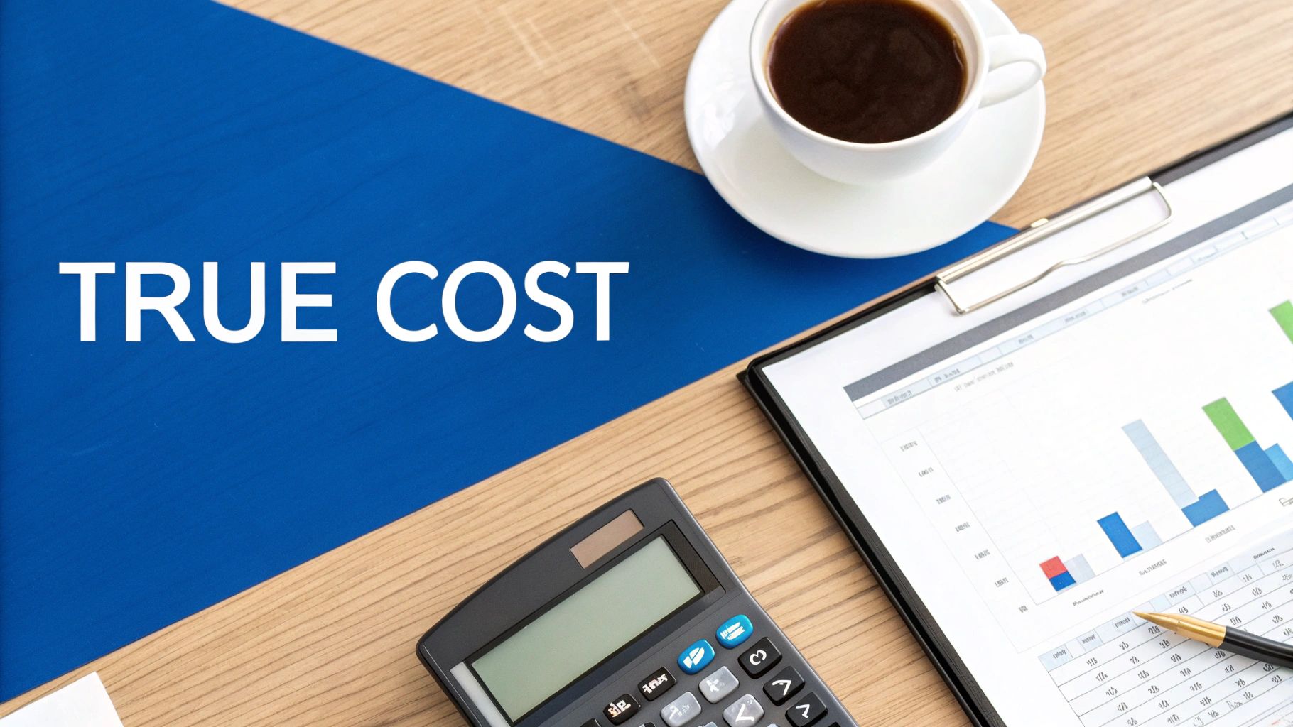 電卓、財務チャート、コーヒーが置かれた机。青い背景に『TRUE COST』の文字。