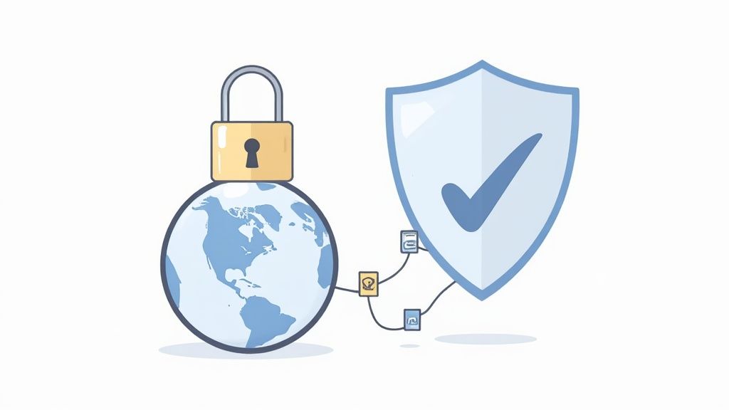 Eine Person arbeitet an einem Laptop, umgeben von Symbolen für Netzwerksicherheit, was proaktives DNS‑Management symbolisiert.