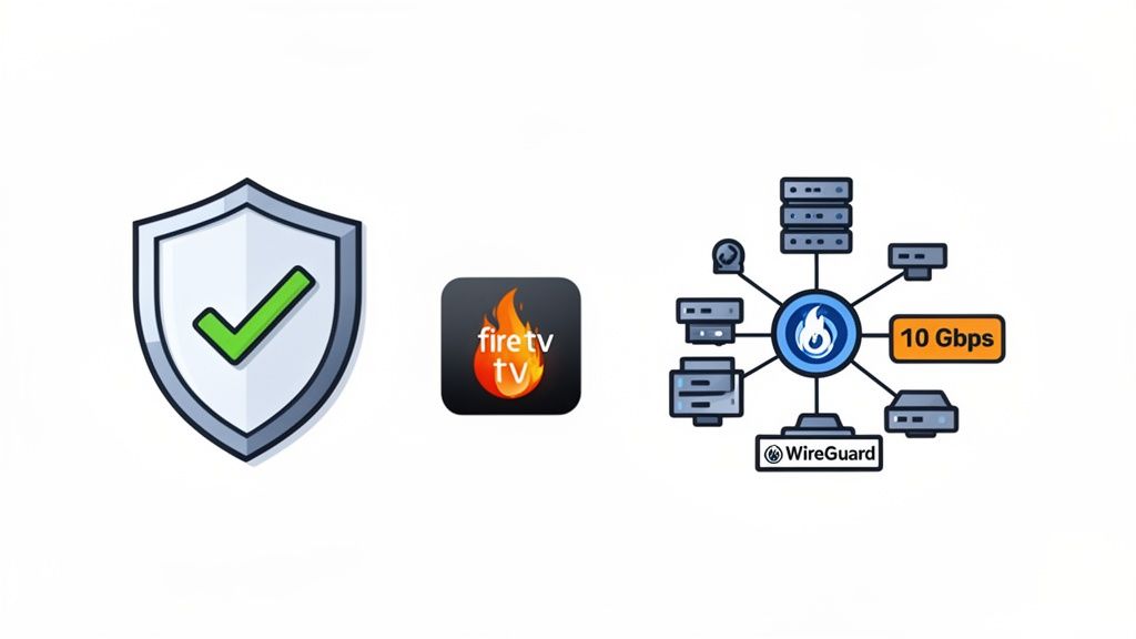 Shield with checkmark, Fire TV logo, and a 10 Gbps WireGuard VPN network diagram.
