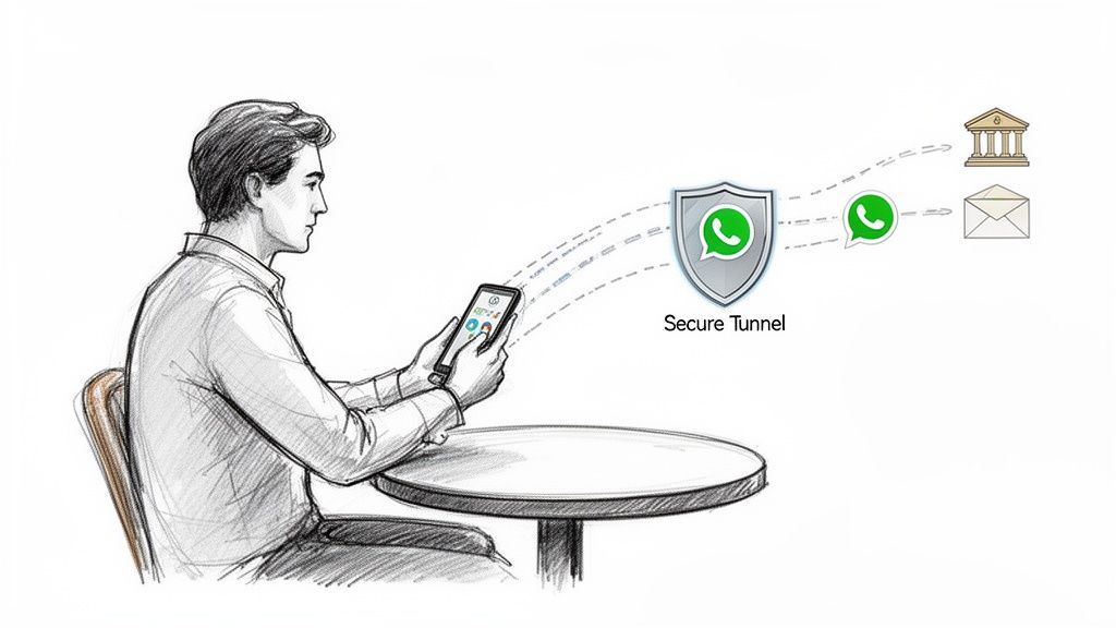 Illustration of a user sending secure mobile data through a WhatsApp-shielded tunnel to banking and email.