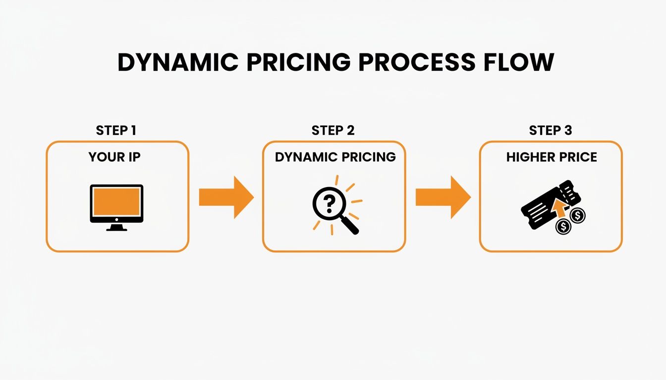 Diagram illustrating the dynamic pricing process flow: Your IP is identified, dynamic pricing is applied, leading to a higher price.