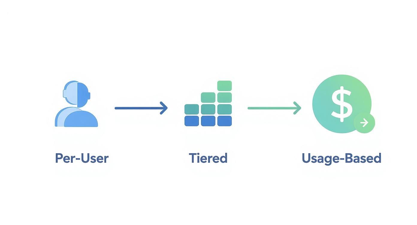 Visuelle Darstellung von drei Preismodellen: Pro-Nutzer, Tarif-Stufen und nutzungsbasierte Abrechnung, die eine Progression zeigt.