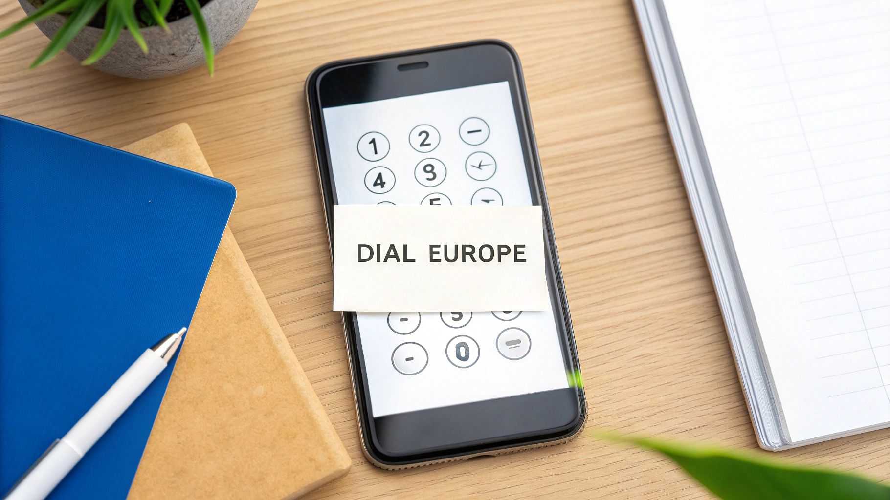 A smartphone displaying a dial pad with a sticky note saying 'DIAL EUROPE' on a wooden desk with notebooks and a pen.