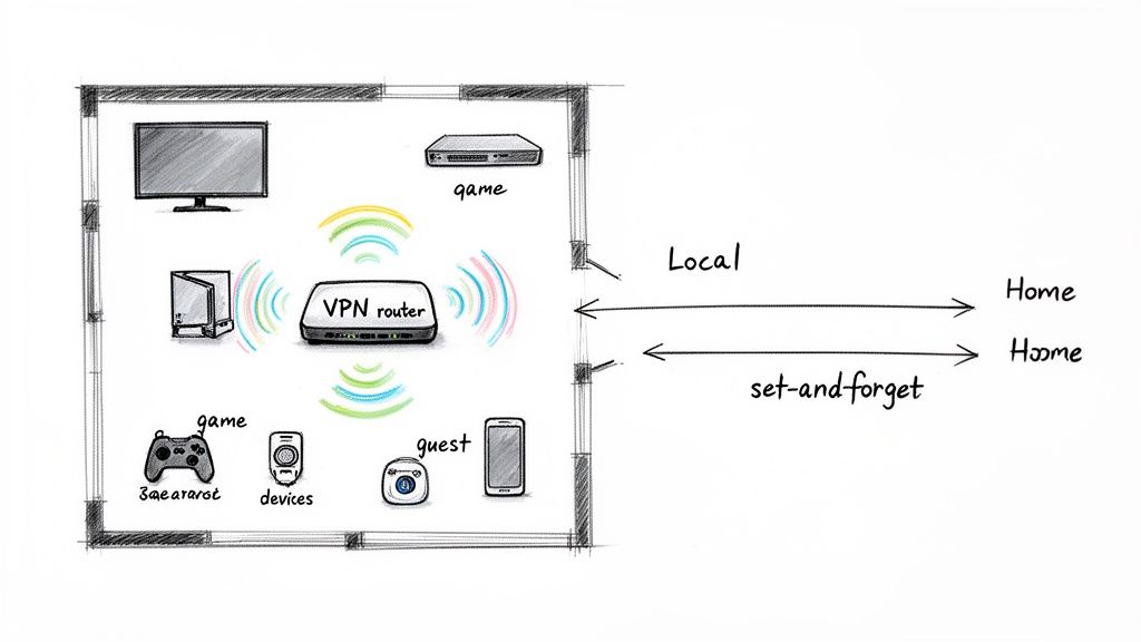 A diagram illustrates a VPN router within a home network, connecting various devices like a TV, game consoles, and smartphones.