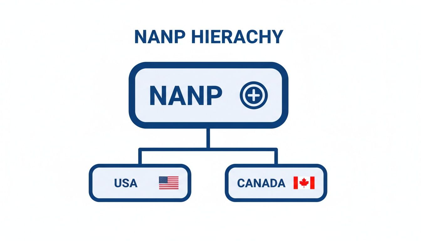 NANP hierarchy diagram showing organization with branches for USA and Canada, including flags.
