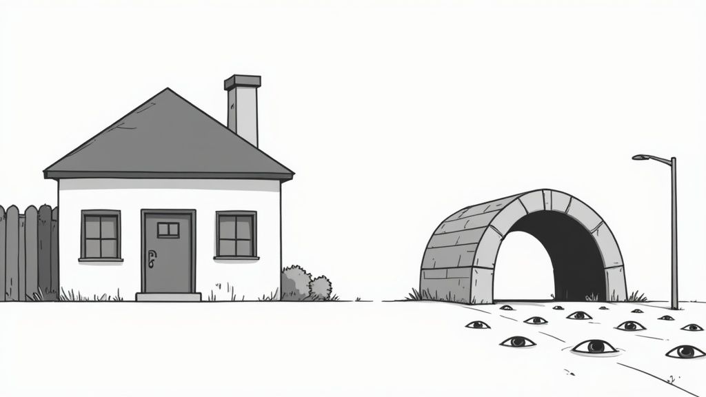 شخص يستخدم حاسوباً محمولاً مع رمز درع اتصال VPN يطفو أعلاه، يرمز للأمان على الإنترنت.