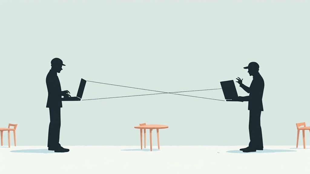 مخطط يوضح كيف يعترض الهاكر البيانات بين المستخدم والخادم في هجوم الرجل في الوسط.