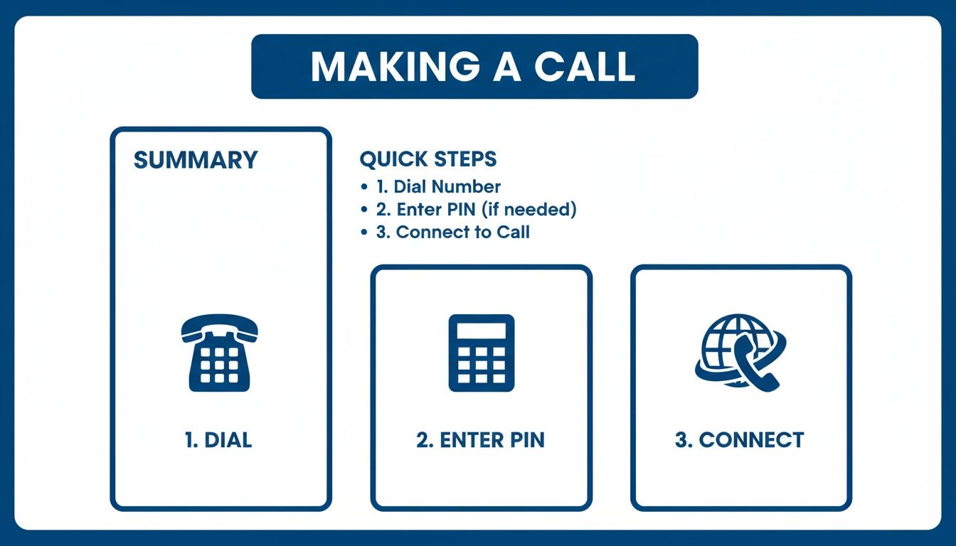 Infographie montrant trois étapes rapides pour passer un appel : composer, entrer le PIN, et connecter.