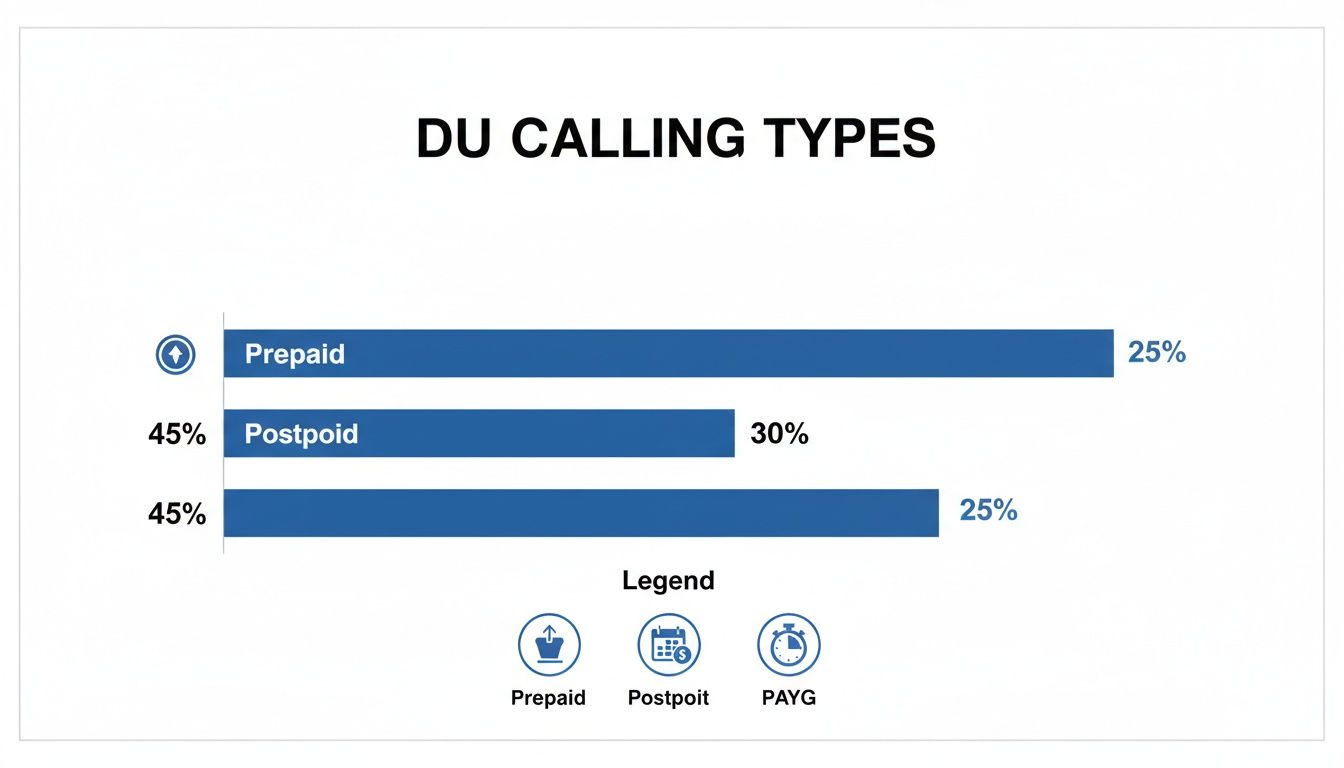 DUの通話タイプ分布を示す横棒グラフ：プリペイド25％、ポストペイド30％、PAYG25％の表示