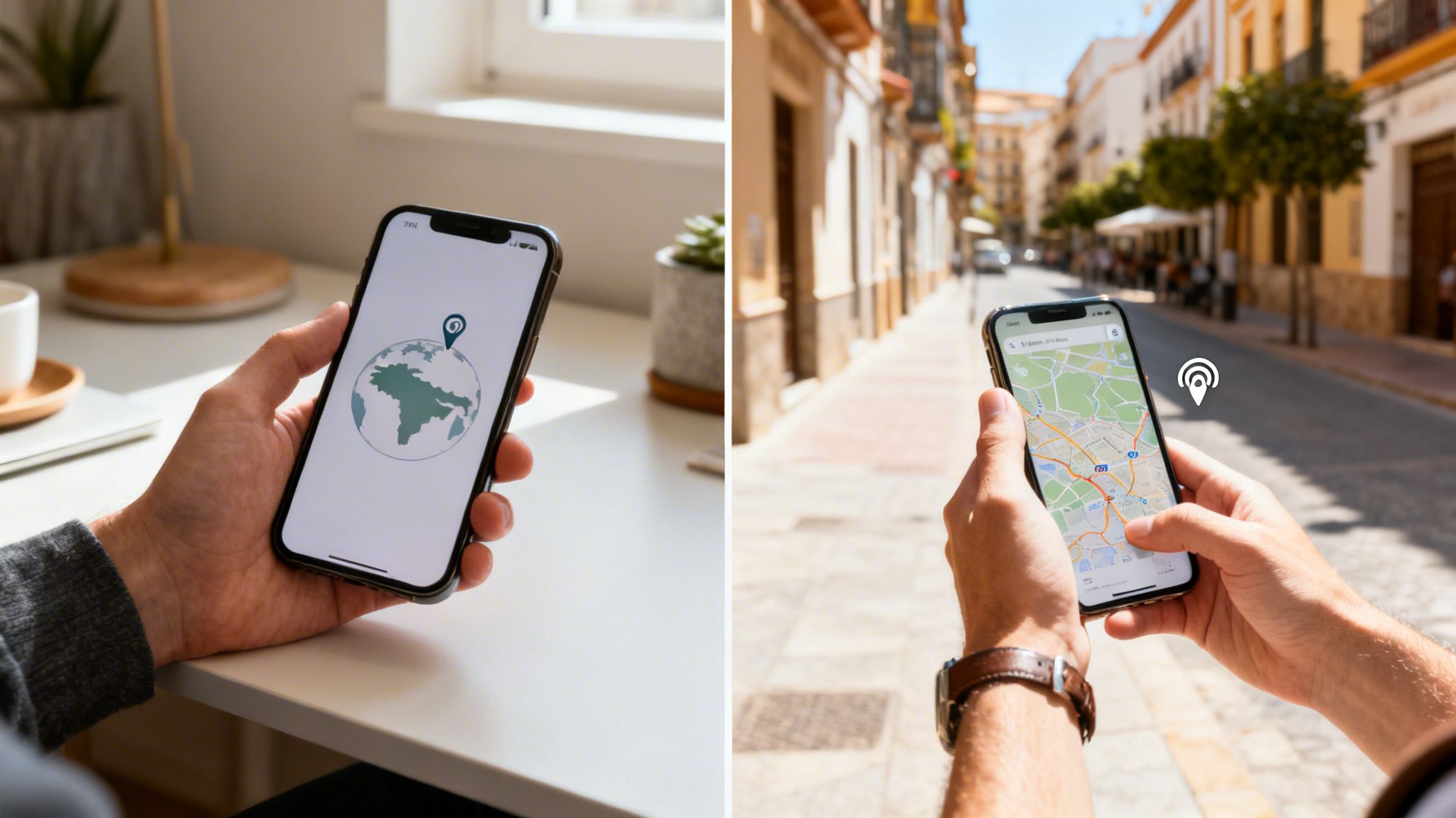 Two hands holding smartphones. One displays a world map with a pin, the other a street map app.
