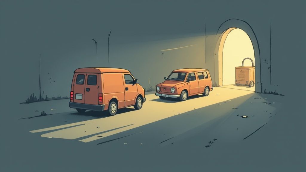 Two orange cartoon cars, a van and a small car, in a dim tunnel with a bright exit revealing a padlock on wheels.