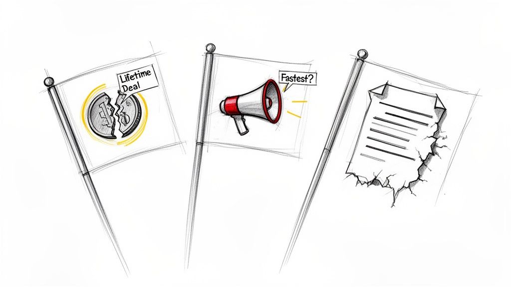 Three sketch-style flags representing concepts like broken lifetime deals, speed questions, and damaged agreements.