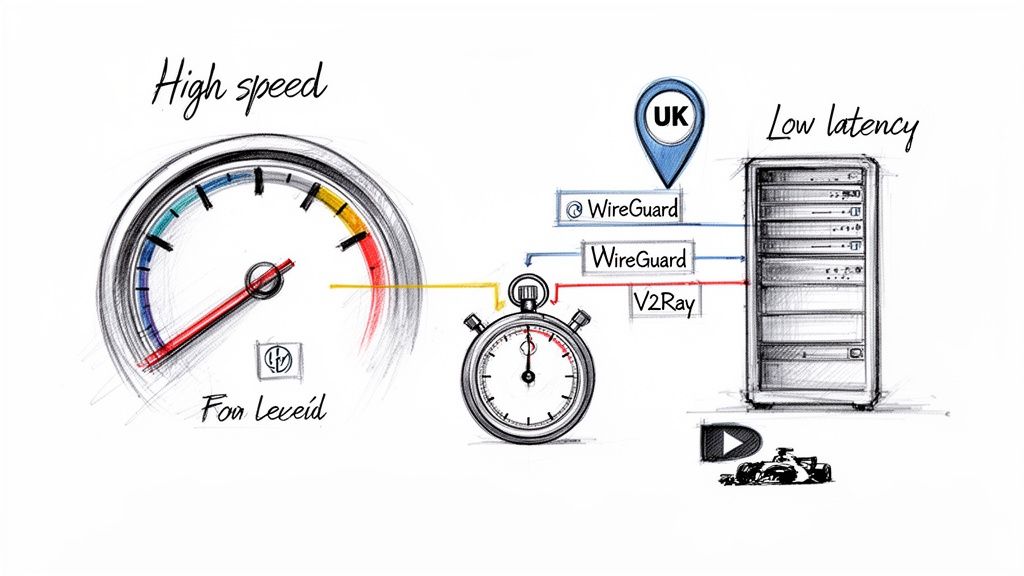 Diagram illustrating high speed and low latency using WireGuard and V2Ray VPN protocols to a UK server.