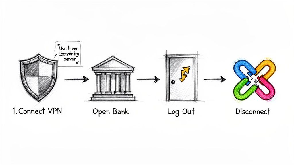 A four-step sketch showing how to use a VPN for secure online banking: Connect, Bank, Log Out, Disconnect.