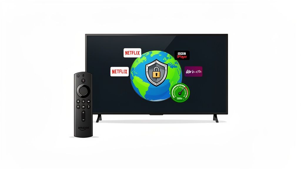 Amazon Fire TV remote next to a smart TV showing a VPN protecting access to Netflix and BBC iPlayer.