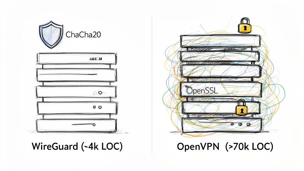 A visual comparison of WireGuard's simplicity (ChaCha20) versus OpenVPN's complexity (OpenSSL).