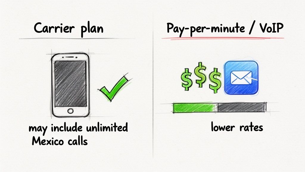 Visueller Vergleich von Tarifplänen großer Anbieter mit unbegrenzten Mexiko-Anrufen gegenüber Pay-per-Minute VoIP mit niedrigeren Preisen.