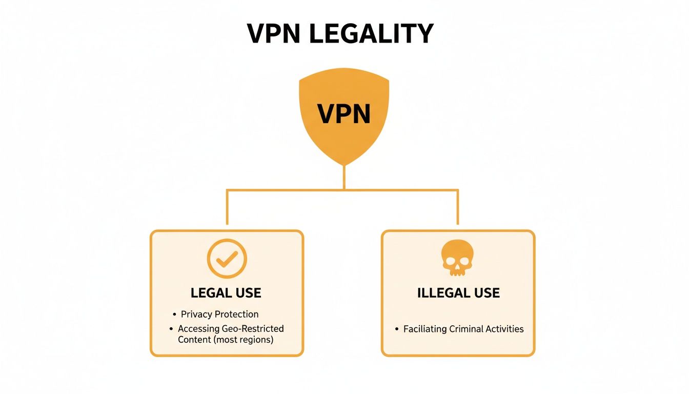 Diagram explaining VPN legality, showing legal uses like privacy protection and accessing geo-restricted content, and illegal use for criminal activities.