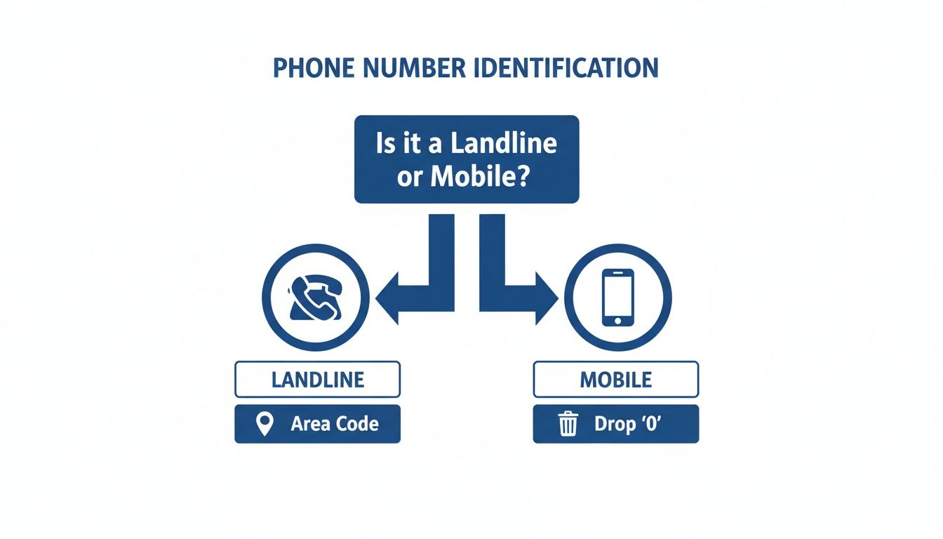 市外局番を使う固定電話と、先頭の0を落とす携帯を区別するフローチャート。