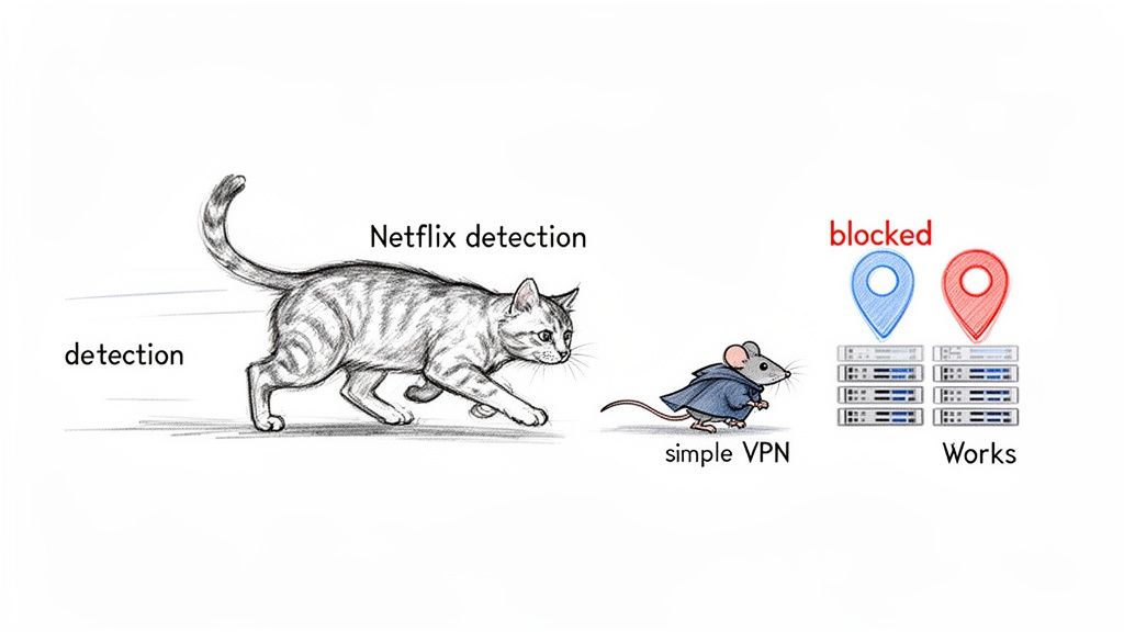A drawing of a cat labeled "Netflix detection" chasing a mouse labeled "simple VPN", showing VPN blocking.