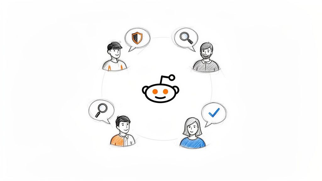 Cartoon people around Reddit logo, with icons for security, search, and verification, representing community reviews.