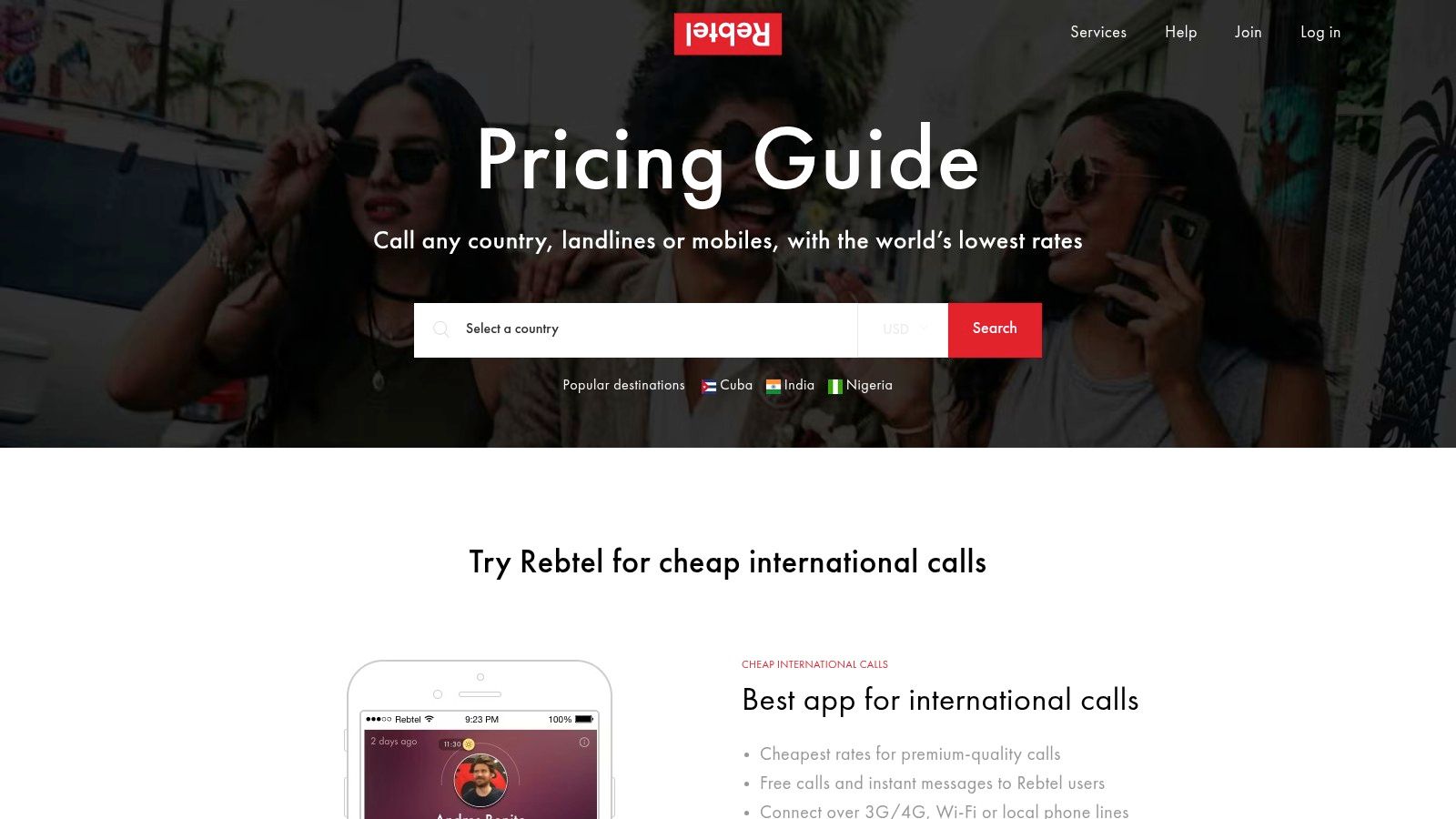 Rebtel‑Oberfläche mit Tarifoptionen und Preisen