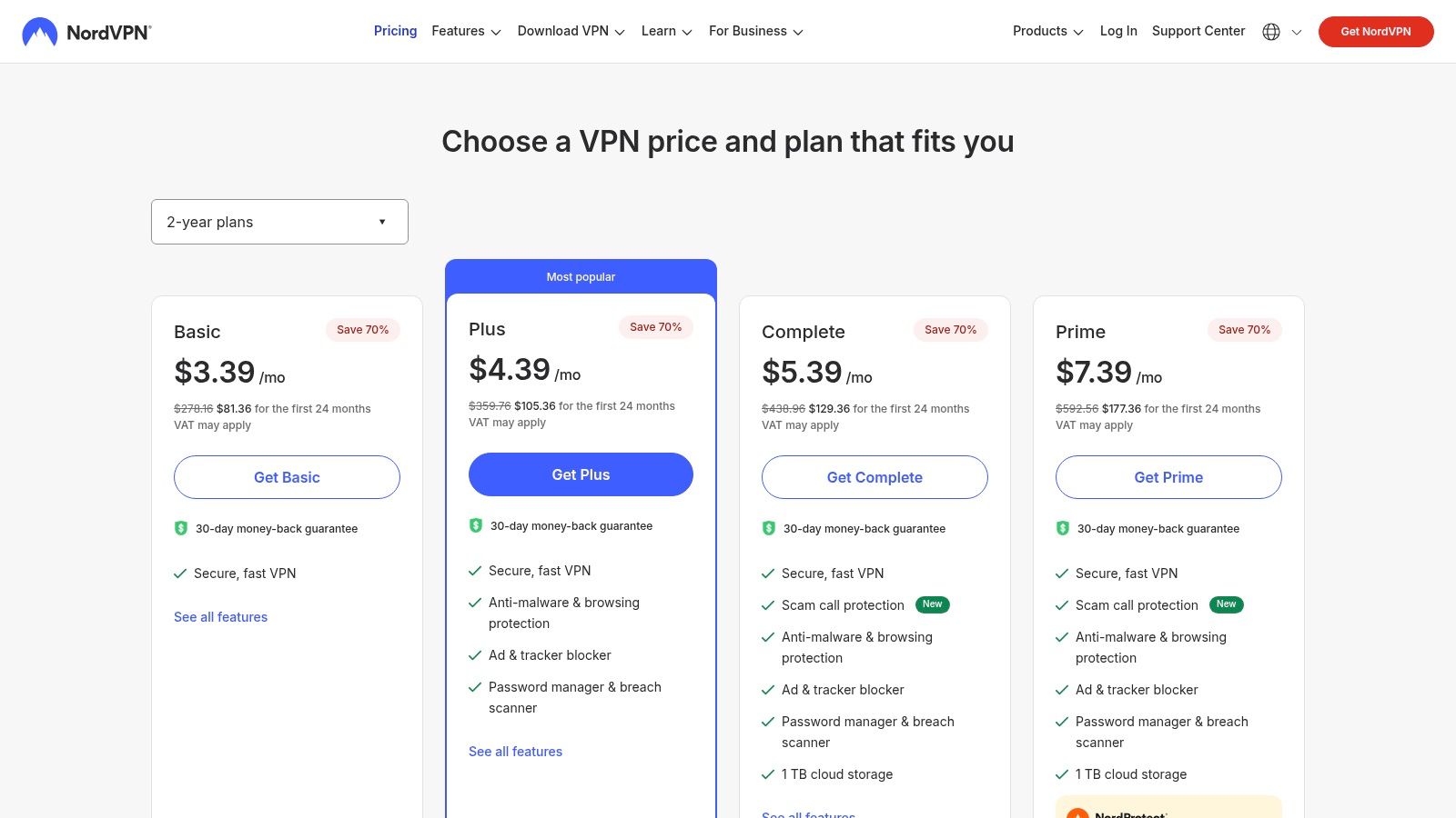 NordVPN pricing plans showing Standard, Plus, and Ultimate options