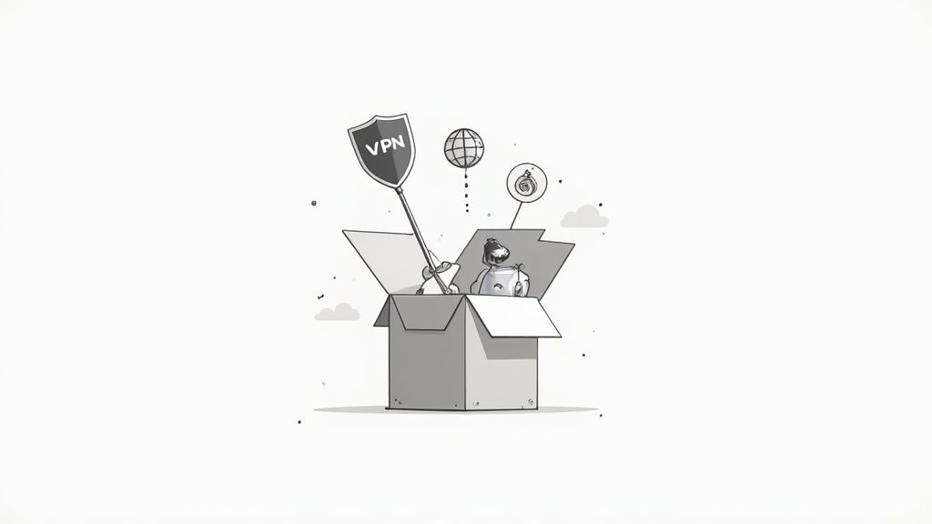 Illustration of a VPN shield and globe emerging from an open box, symbolizing online access and security.